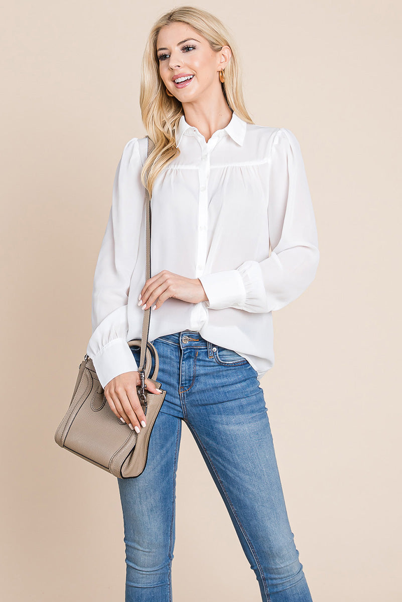 Collared Long Sleeve Pleated Detail Blouse Tops | Apparel | Kitchen + Metal