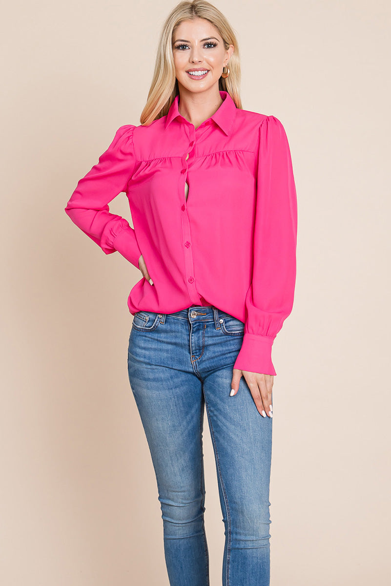 Collared Long Sleeve Pleated Detail Blouse Tops | Apparel | Kitchen + Metal