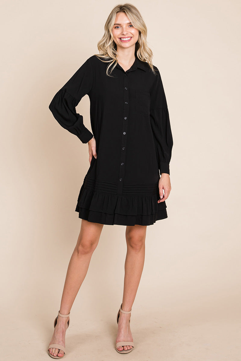 Collared Ruffled Hem Pintucked Shirt Dress | Apparel | Kitchen + Metal