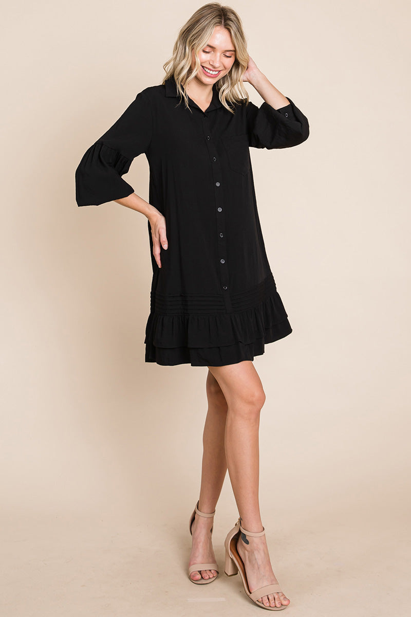 Collared Ruffled Hem Pintucked Shirt Dress | Apparel | Kitchen + Metal
