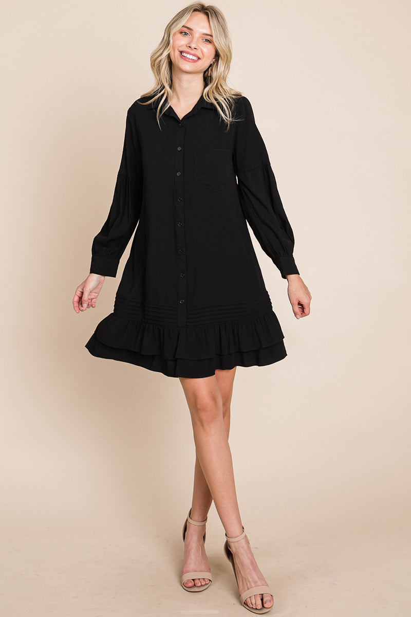 Collared Ruffled Hem Pintucked Shirt Dress | Apparel | Kitchen + Metal