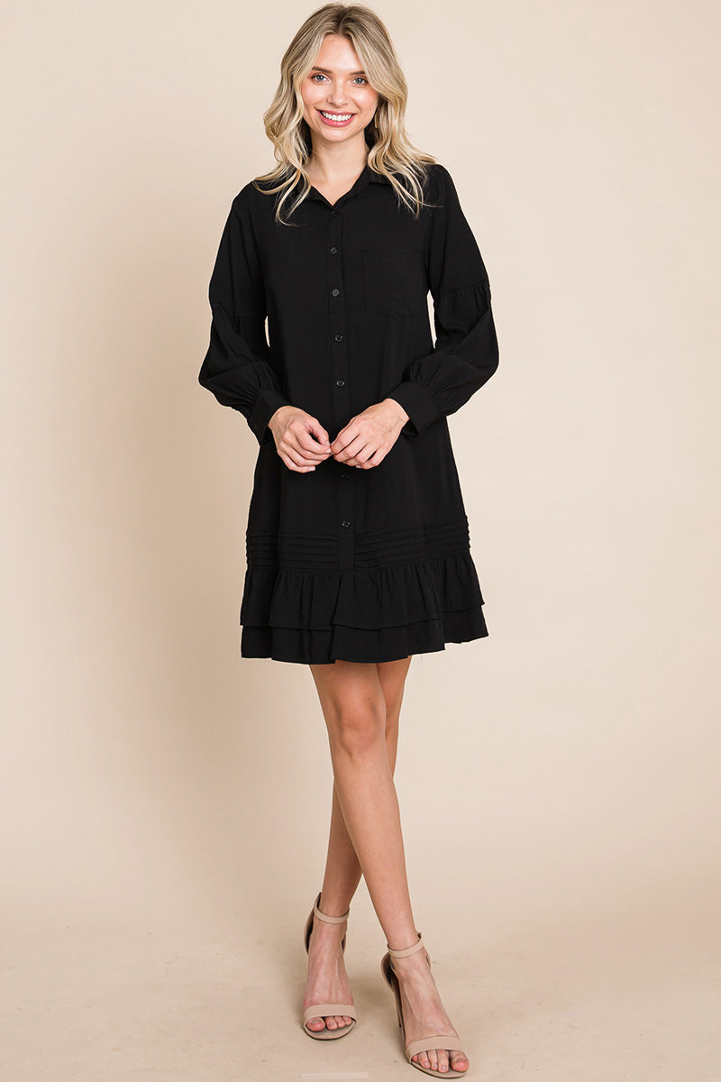 Collared Ruffled Hem Pintucked Shirt Dress | Apparel | Kitchen + Metal