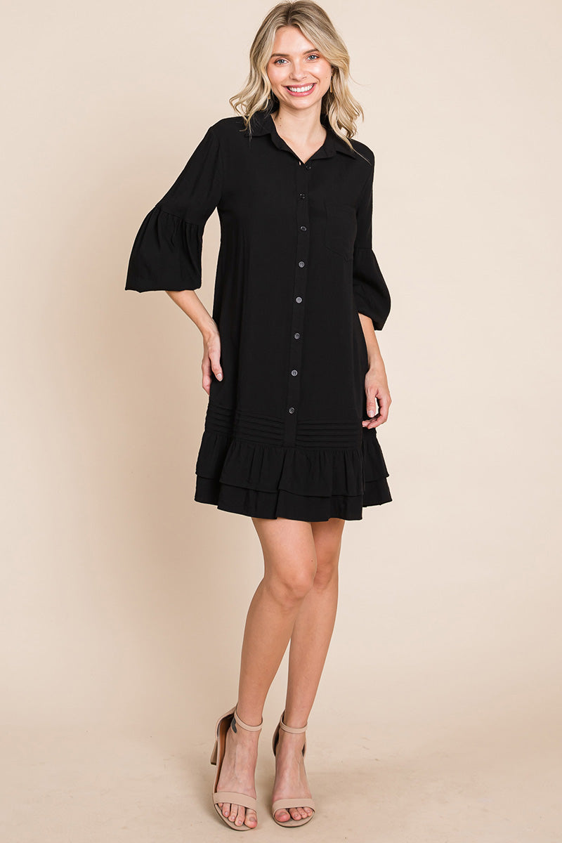 Collared Ruffled Hem Pintucked Shirt Dress | Apparel | Kitchen + Metal