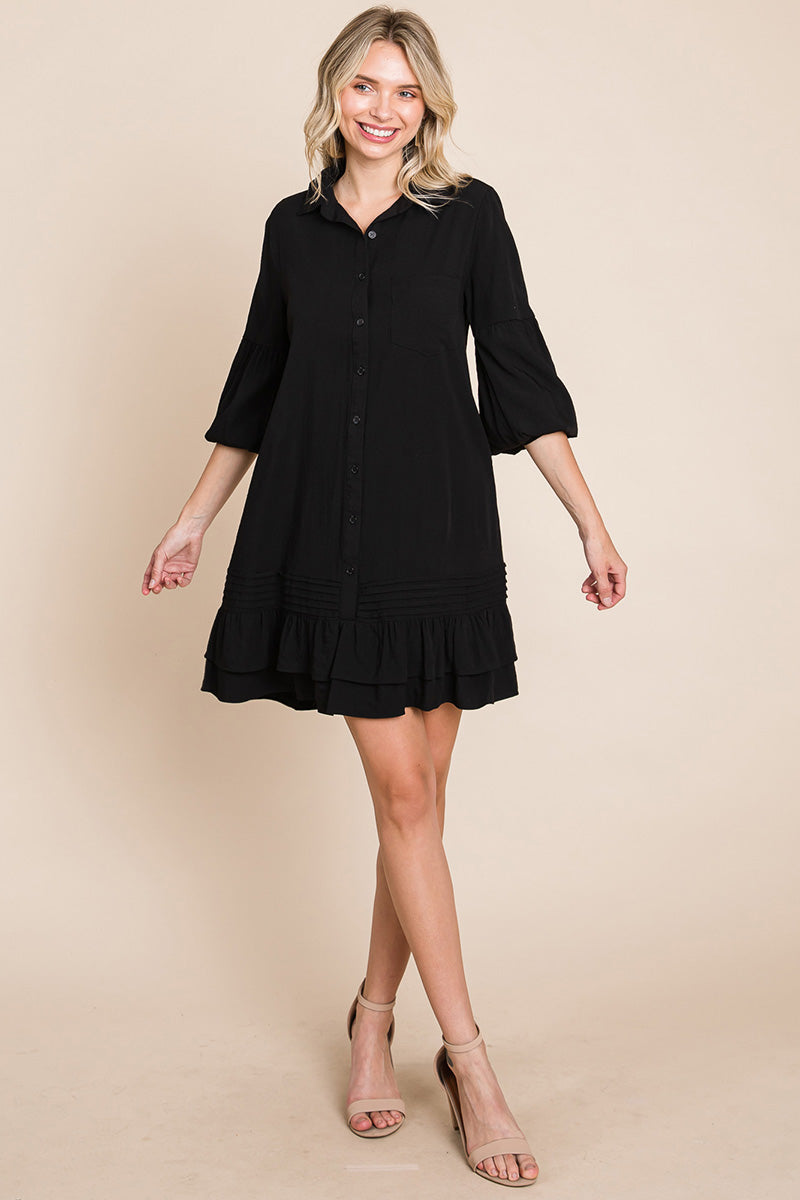 Collared Ruffled Hem Pintucked Shirt Dress | Apparel | Kitchen + Metal