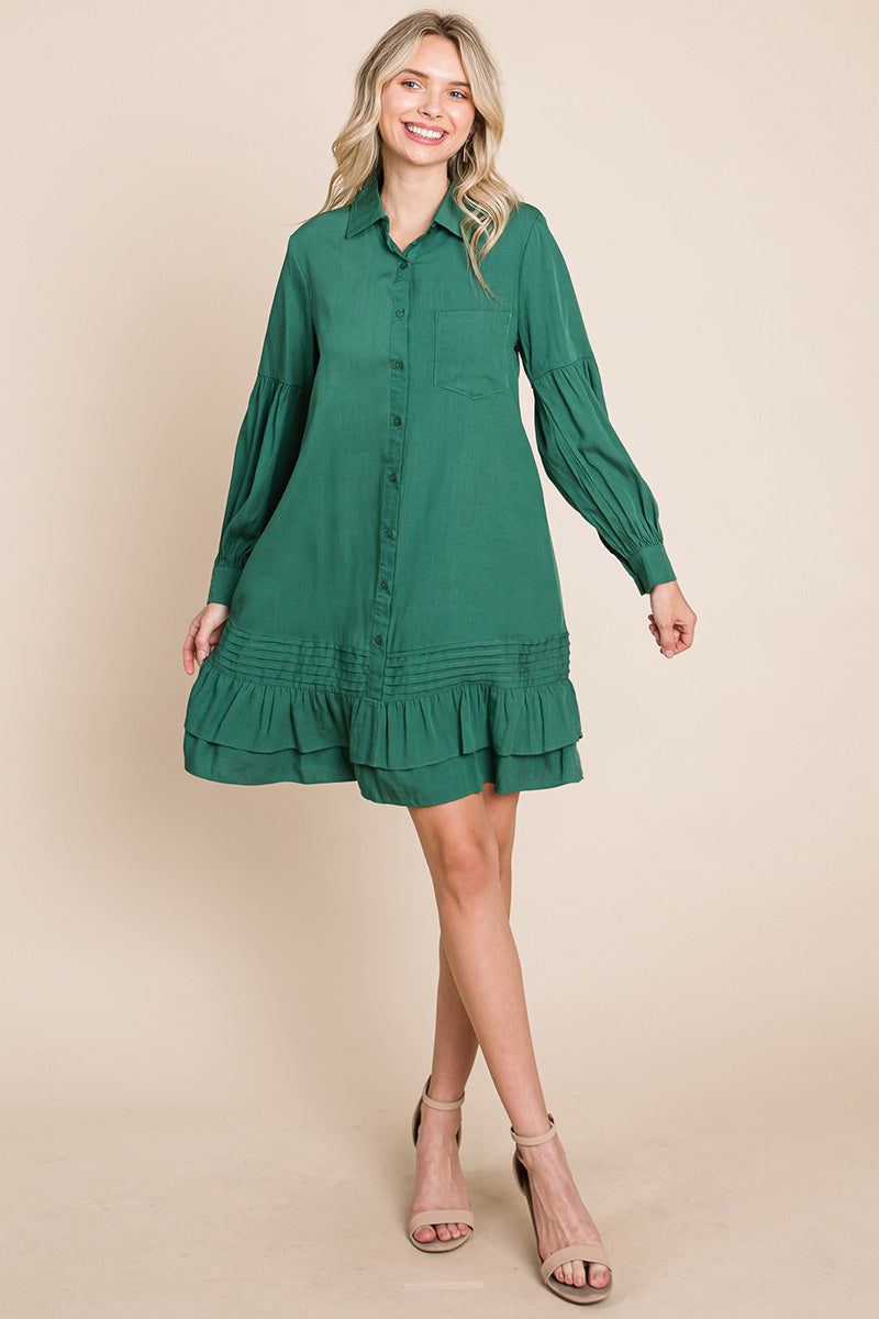 Collared Ruffled Hem Pintucked Shirt Dress | Apparel | Kitchen + Metal