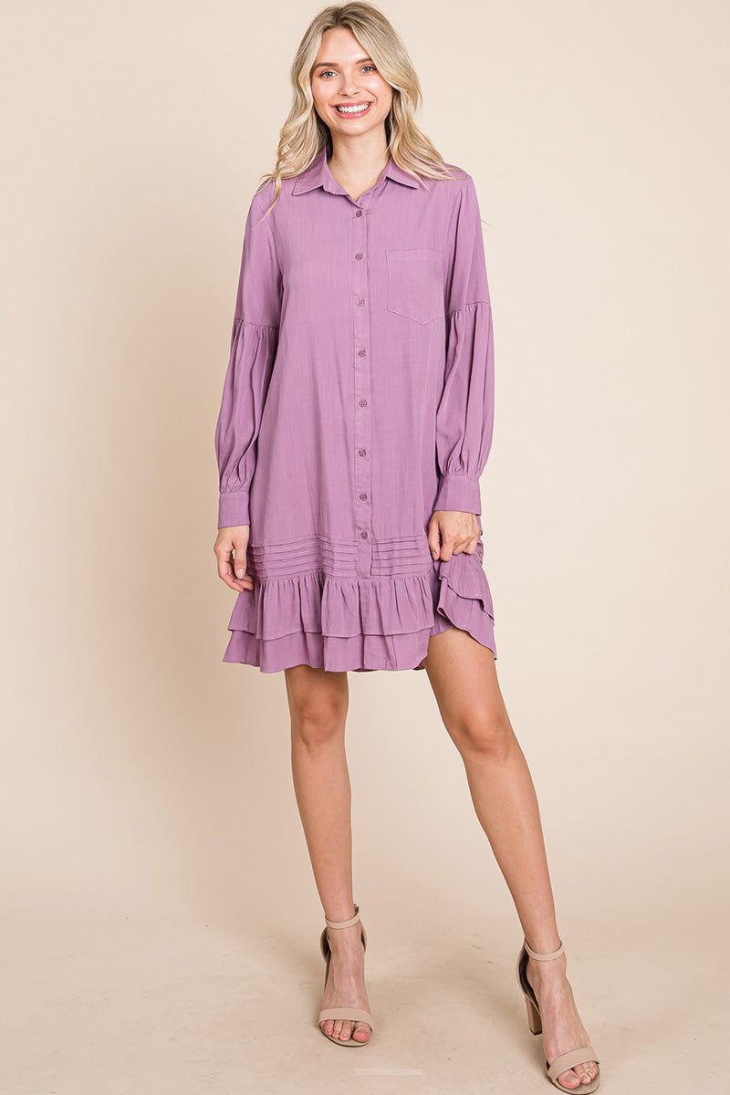 Collared Ruffled Hem Pintucked Shirt Dress | Apparel | Kitchen + Metal