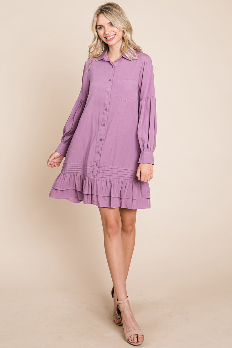 Collared Ruffled Hem Pintucked Shirt Dress | Apparel | Kitchen + Metal