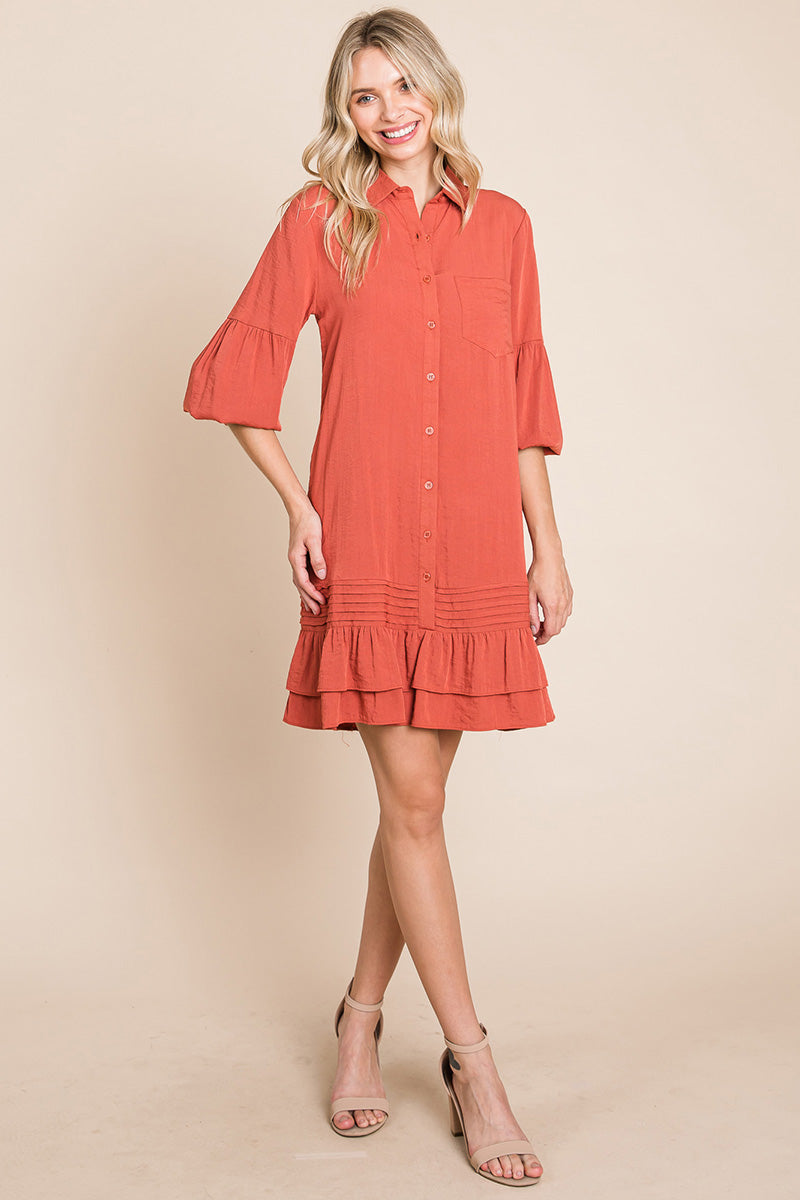 Collared Ruffled Hem Pintucked Shirt Dress | Apparel | Kitchen + Metal