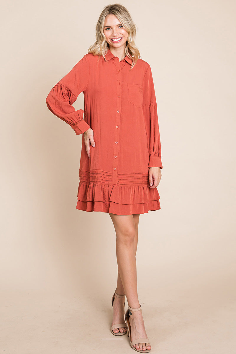 Collared Ruffled Hem Pintucked Shirt Dress | Apparel | Kitchen + Metal