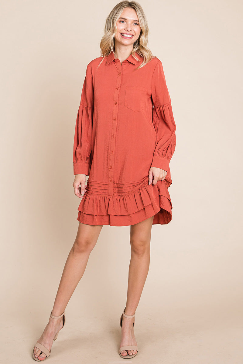 Collared Ruffled Hem Pintucked Shirt Dress | Apparel | Kitchen + Metal