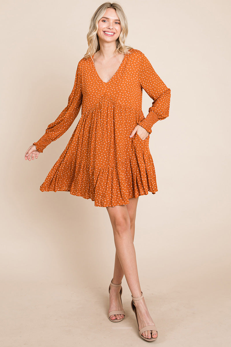 V neck Floral Printed Long Sleeve Pleated Dress | Apparel | Kitchen + Metal