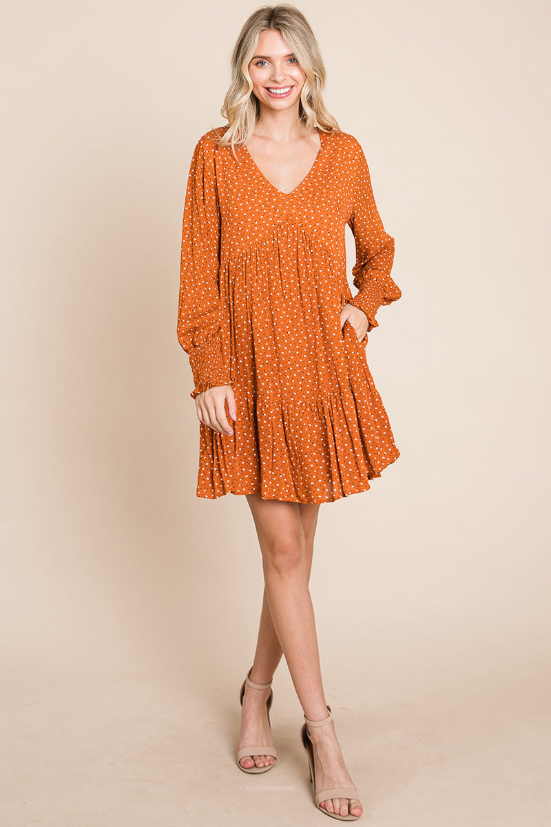 V neck Floral Printed Long Sleeve Pleated Dress | Apparel | Kitchen + Metal