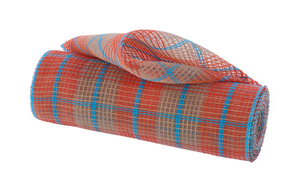 10.25"X10YD FINE WEAVE FAUX JUTE/PLAID ORANGE/NATURAL/TURQUOISE