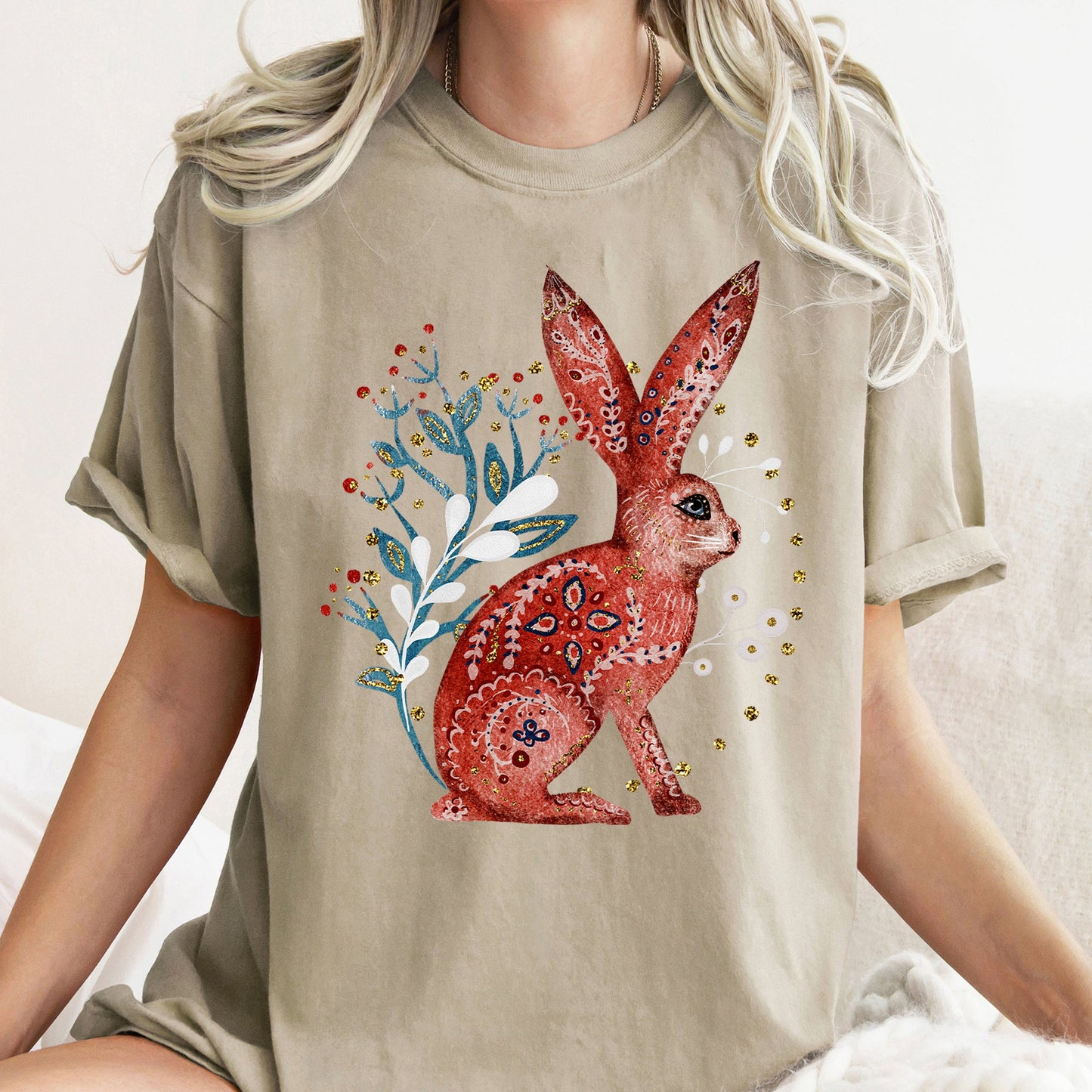 Rabbit, Folk Art, Scandinavian, Winter, Christmas, Comfort Colors Tshirt