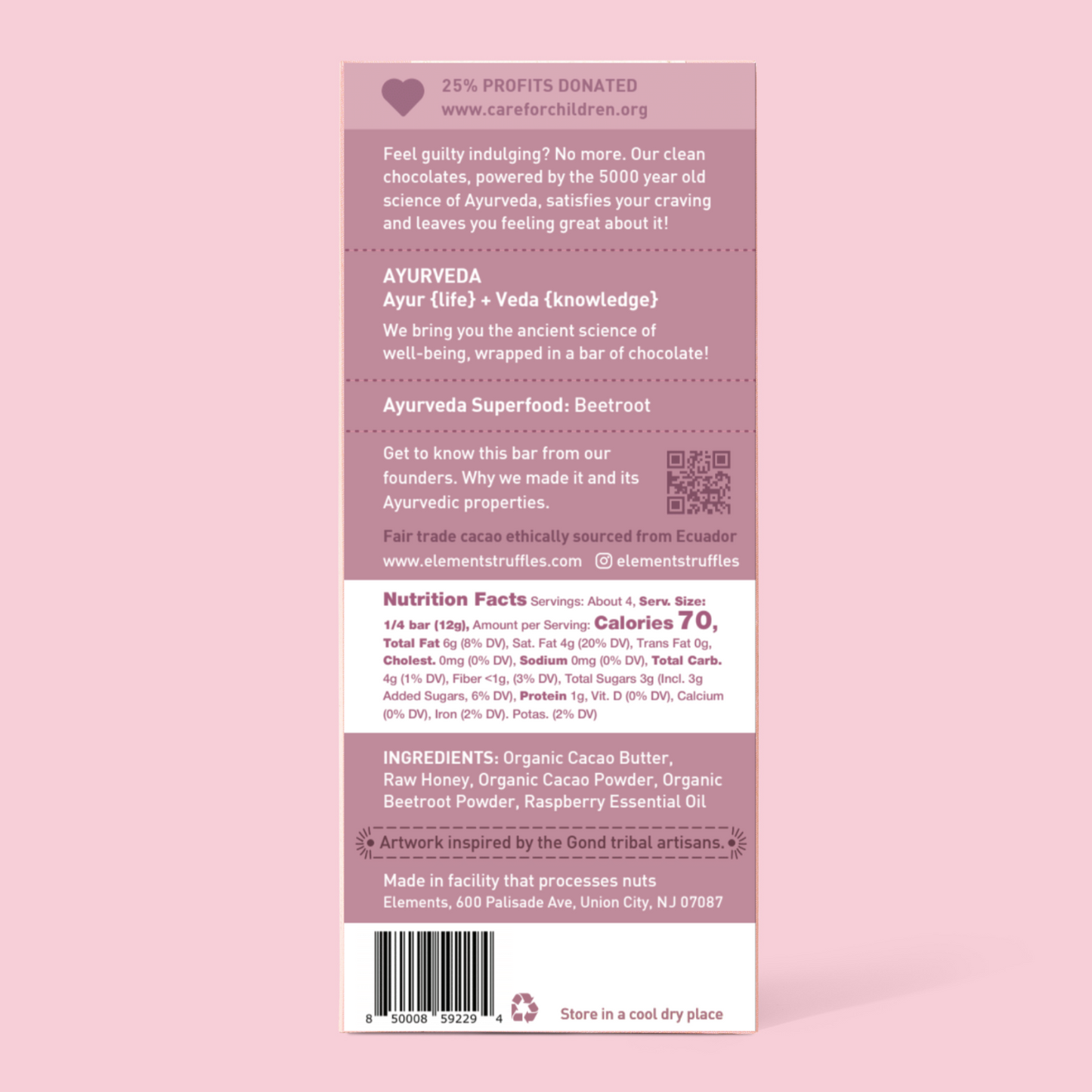 Back of a chocolate bar packaging with text and nutrition facts on a pink background