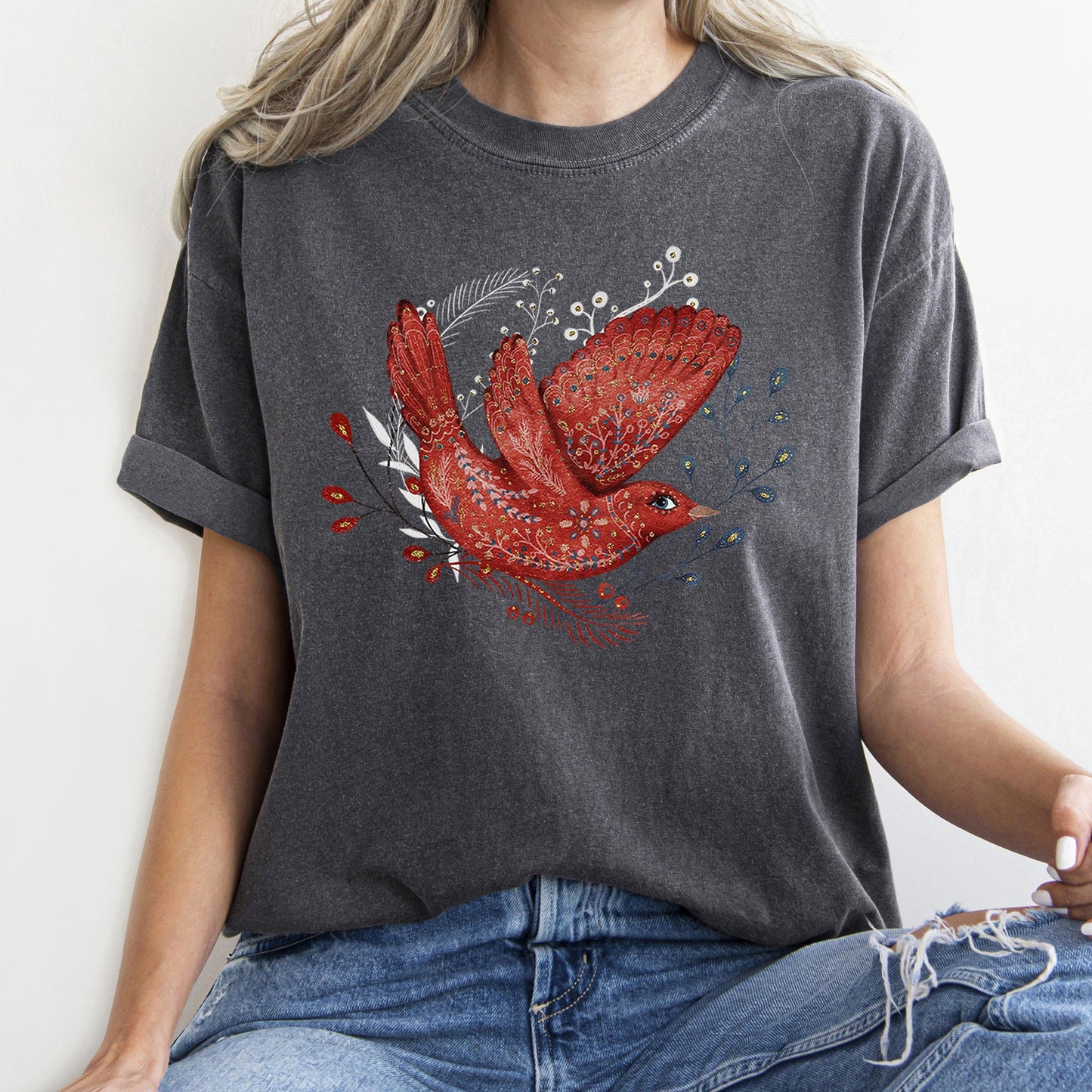Red Bird, Folk Art, Scandinavian, Winter, Christmas, Comfort Colors Tshirt
