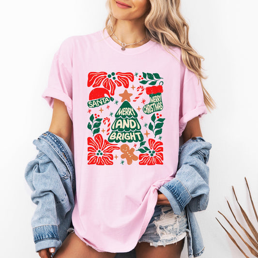 Red Merry and Bright, Candy Cane, Tree, Merry Christmas, Flowers, Floral Tshirt Comfort Colors T-Shirt