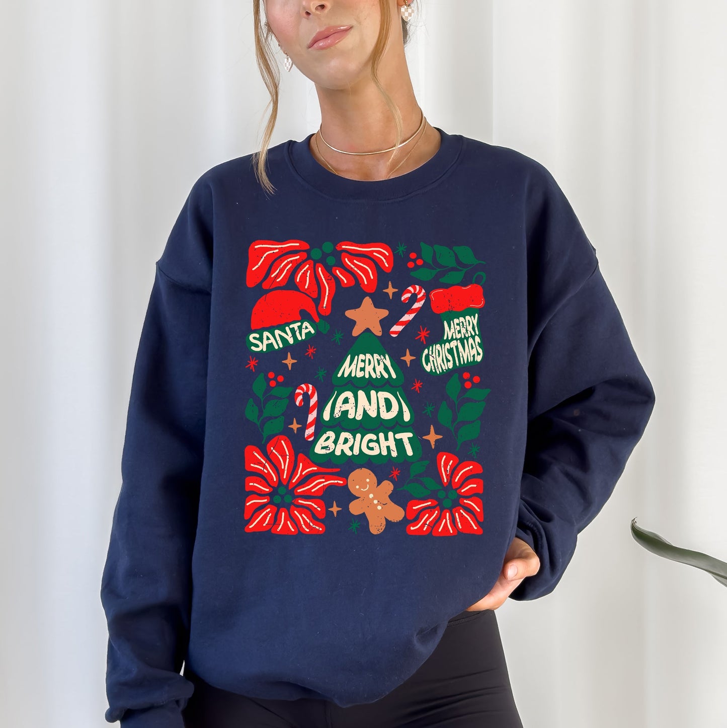 Red Merry and Bright, Candy Cane, Tree, Merry Christmas, Flowers, Floral Sweatshirt