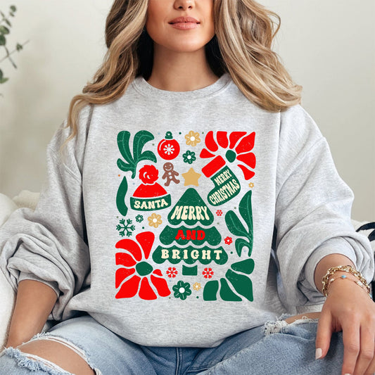 Red Merry and Bright, Ornament, Tree, Merry Christmas, Flowers, Floral Sweatshirt