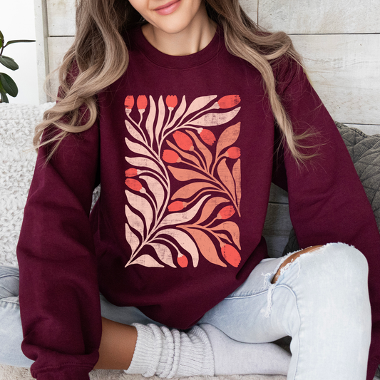 Red Tulip Flower Pattern, Vintage Boho, Nature Sweatshirt
