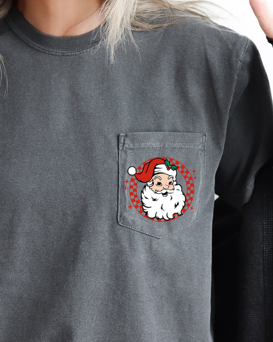Retro Checkered Santa, Pocket, Christmas, Snow, Winter, Xmas Pocket Tee Comfort Colors T-Shirt