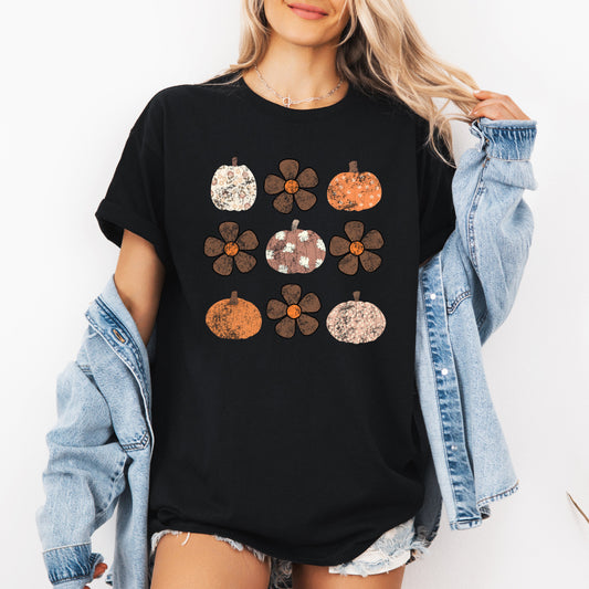 Retro Halloween, Flowers, Pumpkins, Patterned, Autumn, Fall, Tshirt