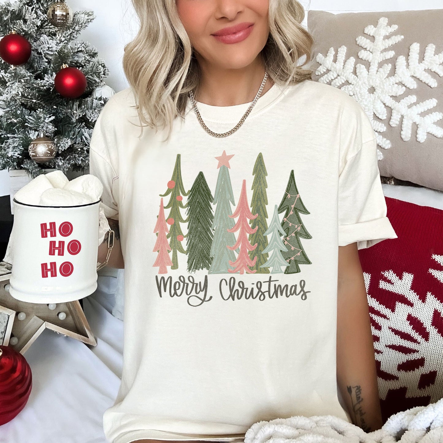 Retro Merry Christmas Trees, Pastels, Star, Comfort Colors Tshirt