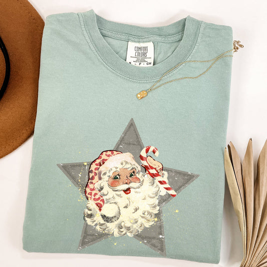 Retro Santa Green Star, Christmas, Winter, Xmas Tshirt Comfort Colors T-Shirt