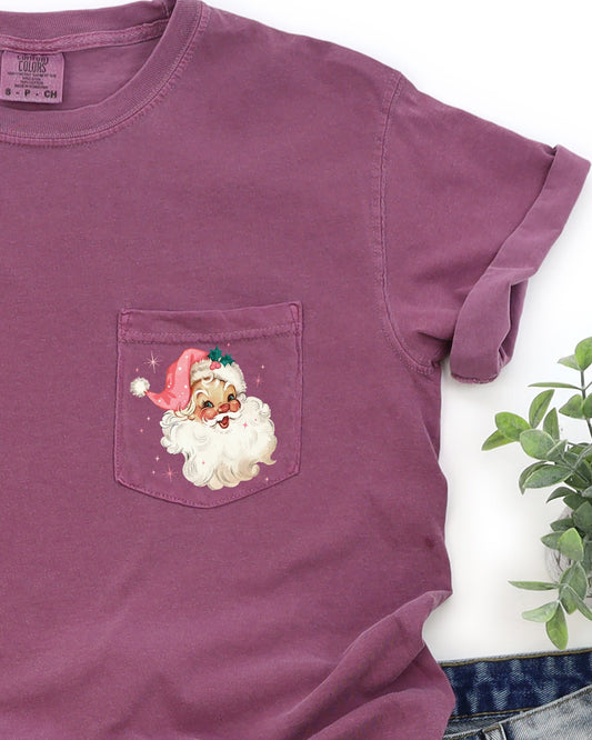 Retro Santa, Sparkles, Pocket, Pink Hat, Christmas, Winter, Snow, Xmas Pocket Tee Comfort Colors T-Shirt