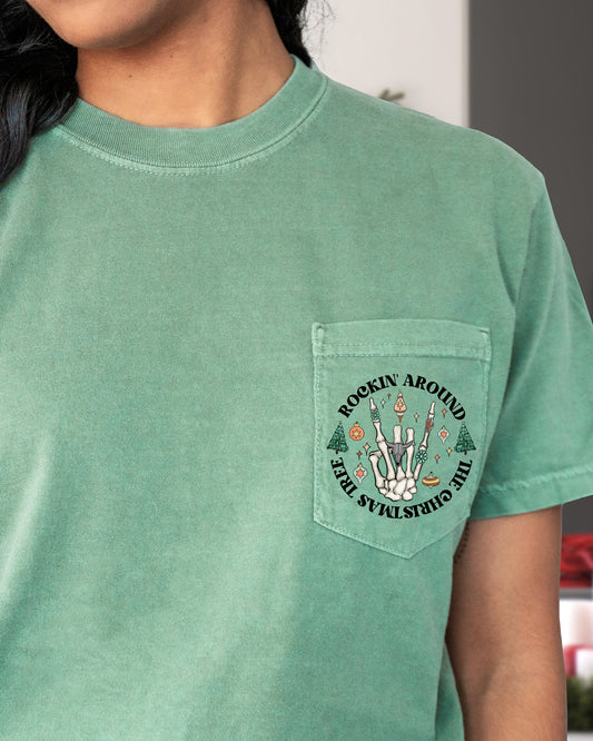 Rockin Around The Christmas Tree, Skeleton, Pocket, Winter, Snow, Santa, Xmas Pocket Tee Comfort Colors T-Shirt