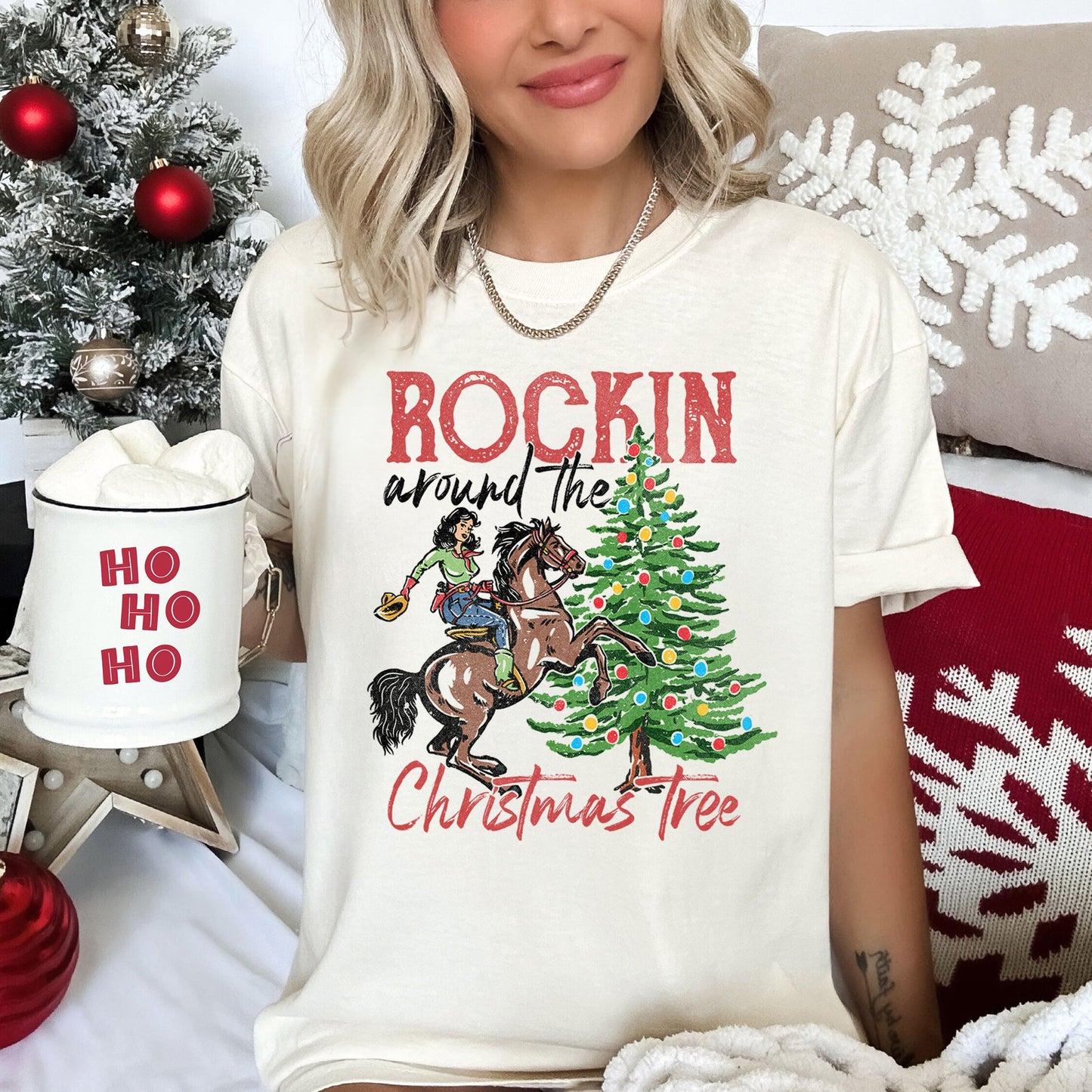 Rocking Around The Christmas Tree, Cowboy, Horse, Rodeo, Comfort Colors Tshirt
