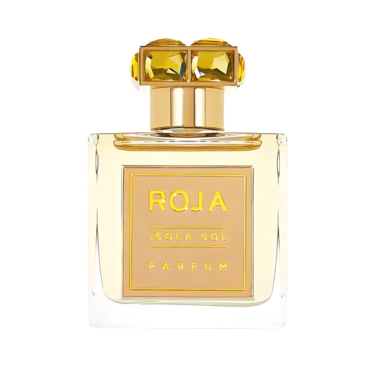 Perfume bottle with gold cap and 'ROJA' branding on a white background