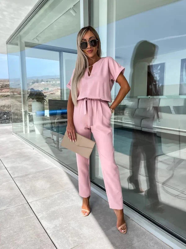 Women's Summer Jumpsuit Solid Color Short Sleeve V-neck Pocket Lace-up Pencil Long Pants