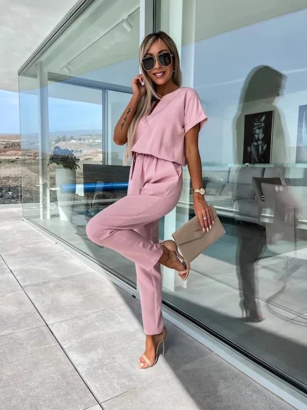Women's Summer Jumpsuit Solid Color Short Sleeve V-neck Pocket Lace-up Pencil Long Pants