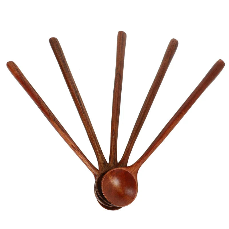 Korean Style 5 Pcs Long Spoons Wooden 10.9 inches 100% Natural Wood Handle Round for Soup Cooking Mixing Stirrer