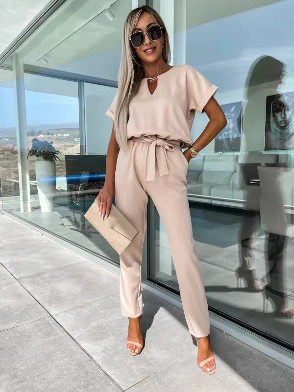 Women's Summer Jumpsuit Solid Color Short Sleeve V-neck Pocket Lace-up Pencil Long Pants