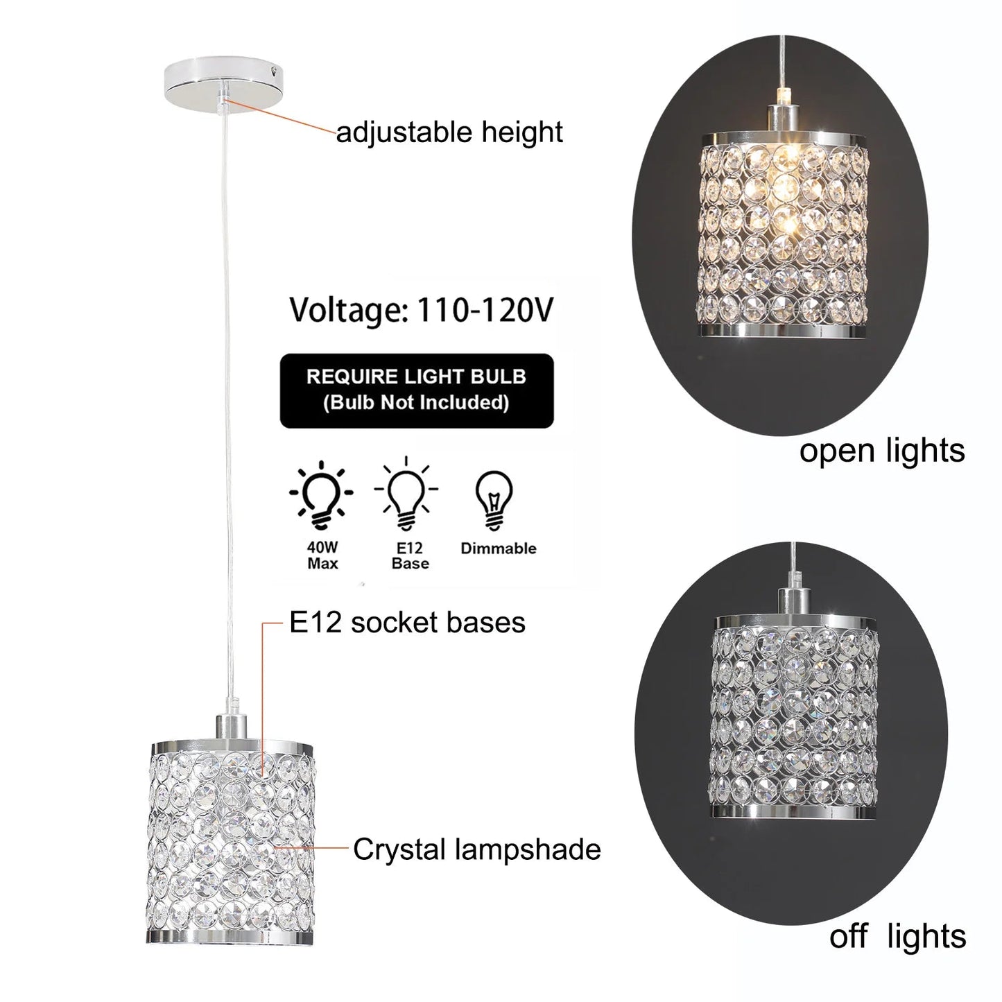 Crystal Pendant Light Modern Kitchen Island Lighting Adjustable White | Lighting | Kitchen + Metal