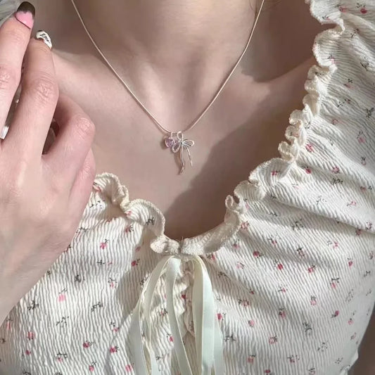 Trendy Harajuku Bowknot Heart Necklace - Vintage Snake Chain for Women Jewelry Gift