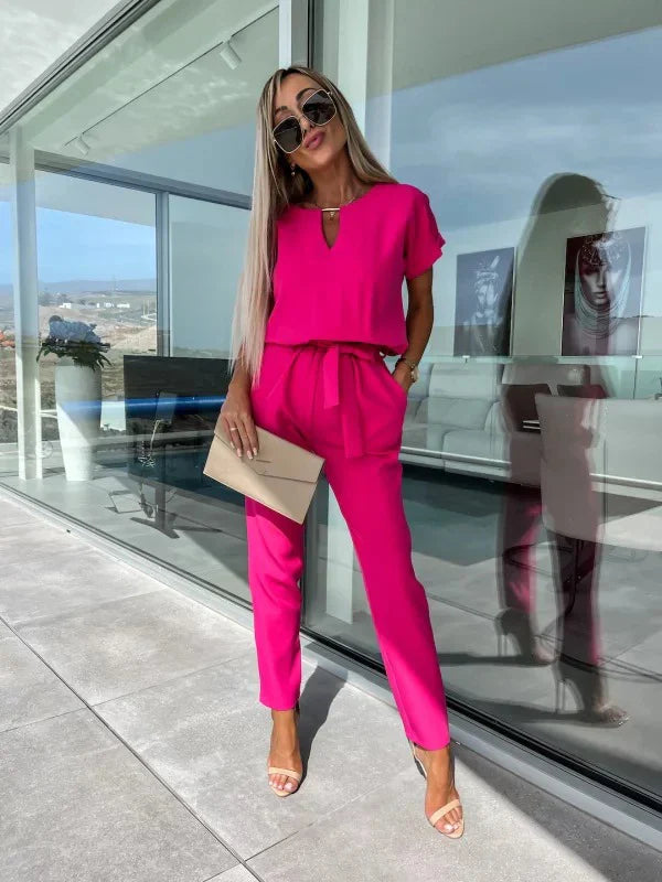 Women's Summer Jumpsuit Solid Color Short Sleeve V-neck Pocket Lace-up Pencil Long Pants
