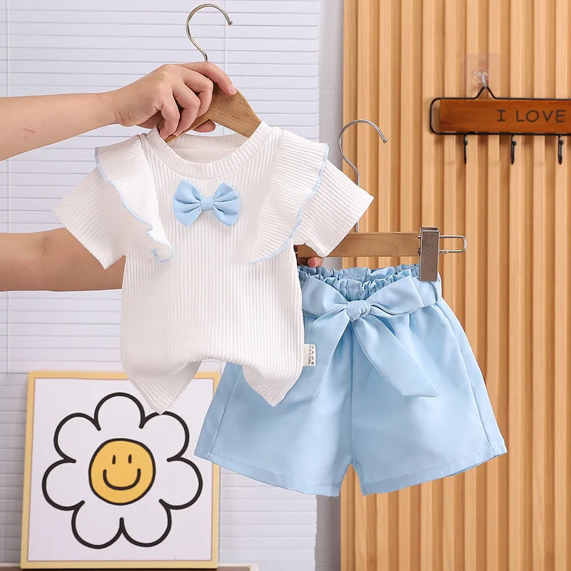 Baby Girls Clothes Summer Outfit Set Bow Top And Shorts 2-Piece Children's Clothing Ensemble for Girls