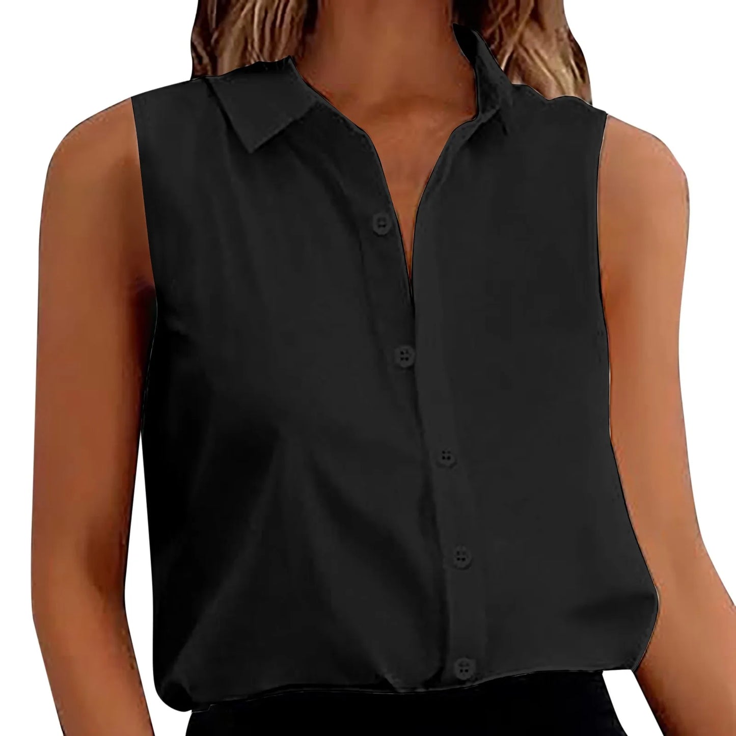 Women's Sleeveless Blouse Button Down Solid Color Casual Loose V Neck Chiffon Top for Work