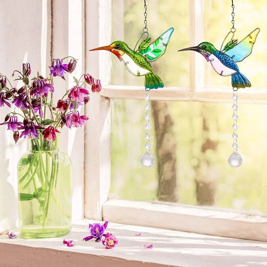 Hummingbird Stained Glass Window Hanging Ornament Rainbow Maker Crystal Prism Suncatcher Home Garden Party Decoration Windchimes