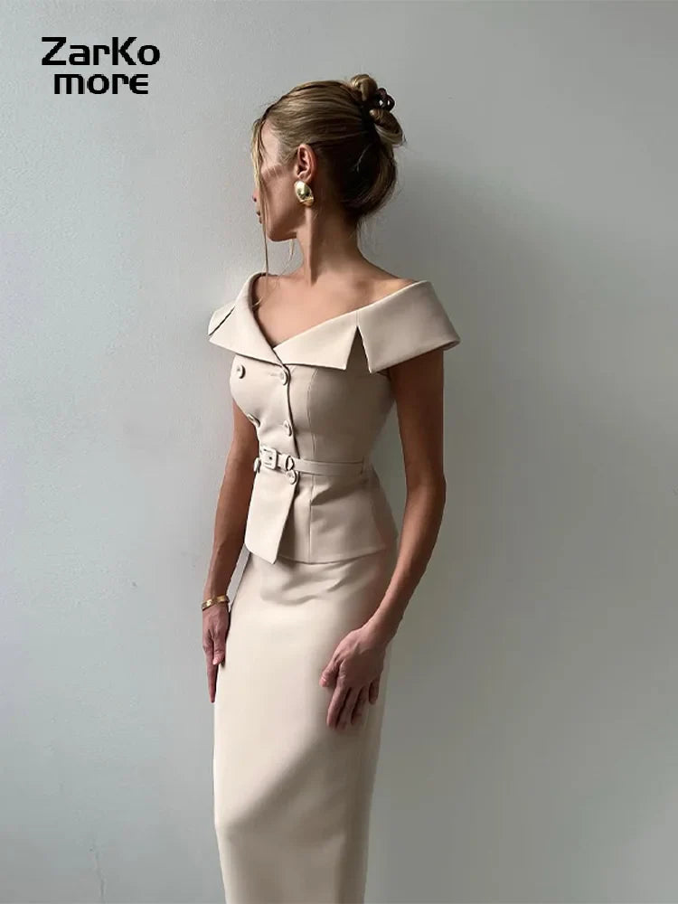 Elegant Midi Skirt Suit Women Double-Breasted Slim Top Belt Hip Package Skirt 2 Piece Outfits