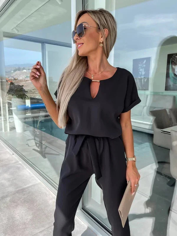 Women's Summer Jumpsuit Solid Color Short Sleeve V-neck Pocket Lace-up Pencil Long Pants