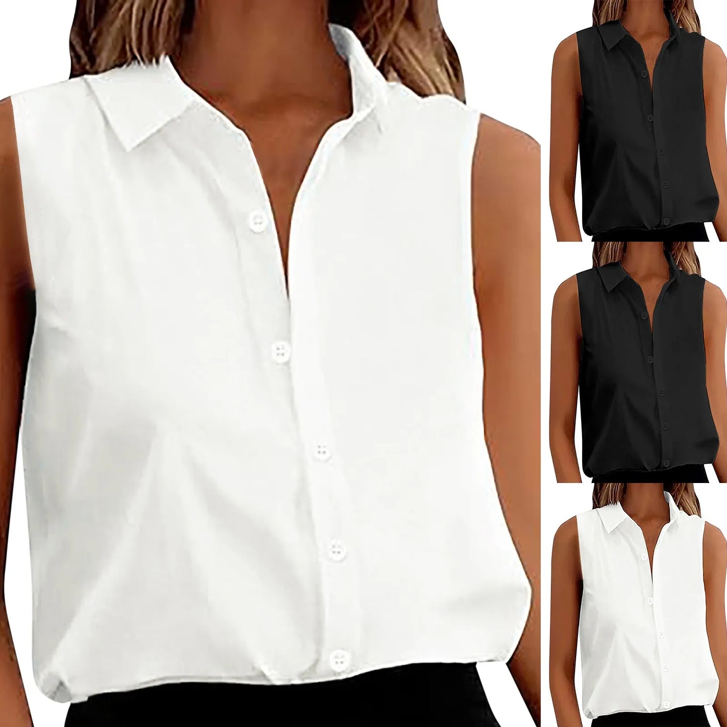 Women's Sleeveless Blouse Button Down Solid Color Casual Loose V Neck Chiffon Top for Work