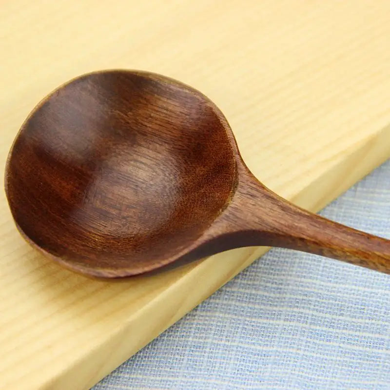 Korean Style 5 Pcs Long Spoons Wooden 10.9 inches 100% Natural Wood Handle Round for Soup Cooking Mixing Stirrer