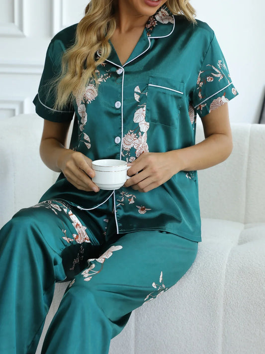 Green Floral Satin Pajamas - Smooth & Comfortable Short Sleeve Pocket Lapel Top & Cozy Long Pants Women's Loungewear & Sleepwear