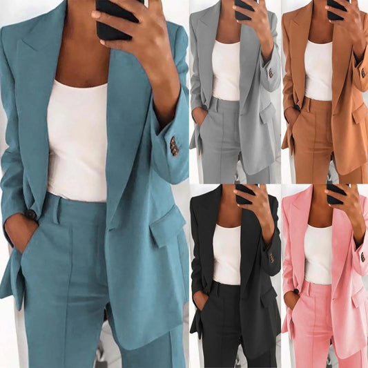 Solid Women's Blazer Coat Notched Long Sleeve Cardigan Button Casual Jacket for Office Ladies