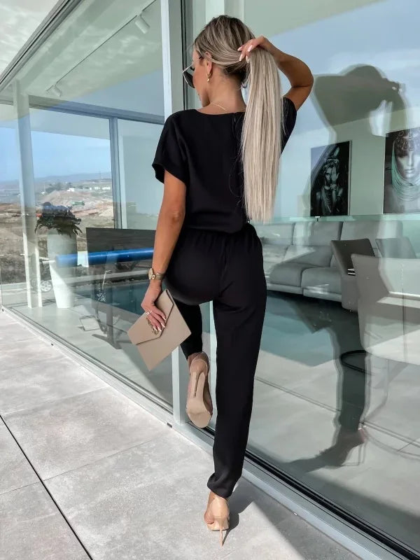 Women's Summer Jumpsuit Solid Color Short Sleeve V-neck Pocket Lace-up Pencil Long Pants
