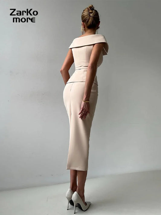 Elegant Midi Skirt Suit Women Double-Breasted Slim Top Belt Hip Package Skirt 2 Piece Outfits